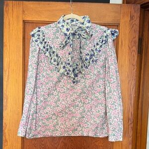 Batsheva Pink and Blue Floral Ruffled Tie-Neck Blouse